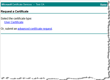 Microsoft Certificate Services Request a Certificate page with a Select the certificate type link as well as a link to submit an advanced certificate request